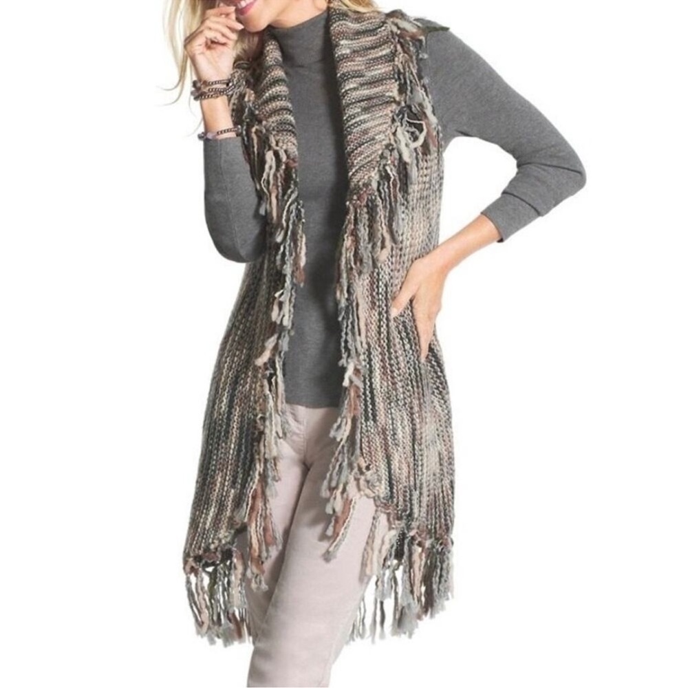 Chico's Nolan Wool‎ Blend Sweater Vest Fringe Western Boho Coastal Cowgirl Large - Picture 2 of 14